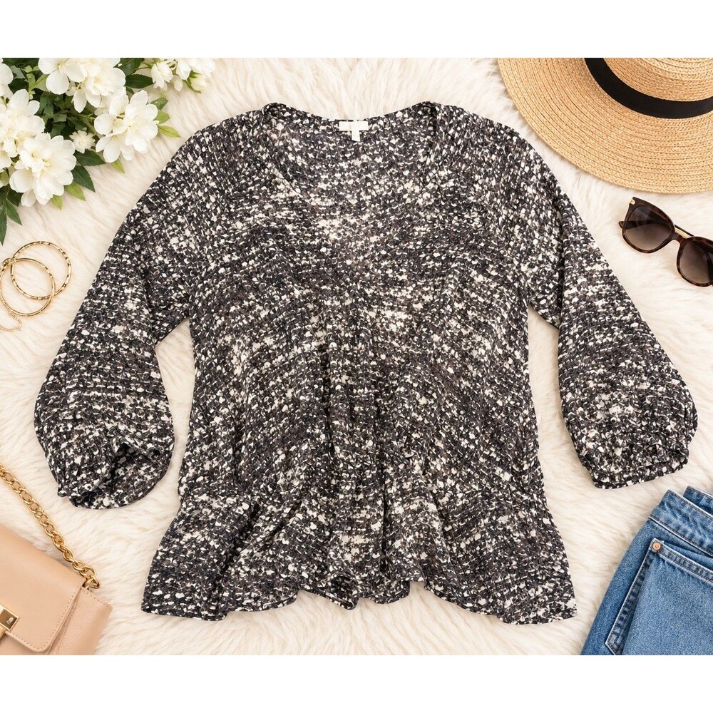 Joie Silk Blouse Womens Size Large Gray Animal Snake Print Neck Sheer Top Frilly